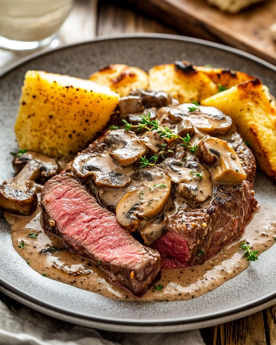 Pink Roasted Steak with Mushroom Sauce