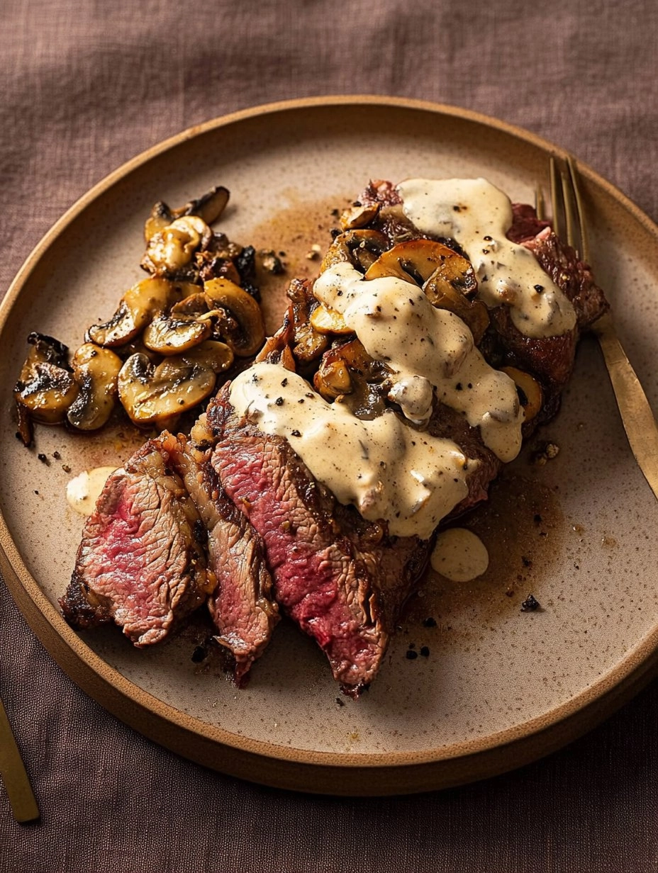 Pink Roasted Steak with Mushroom Sauce