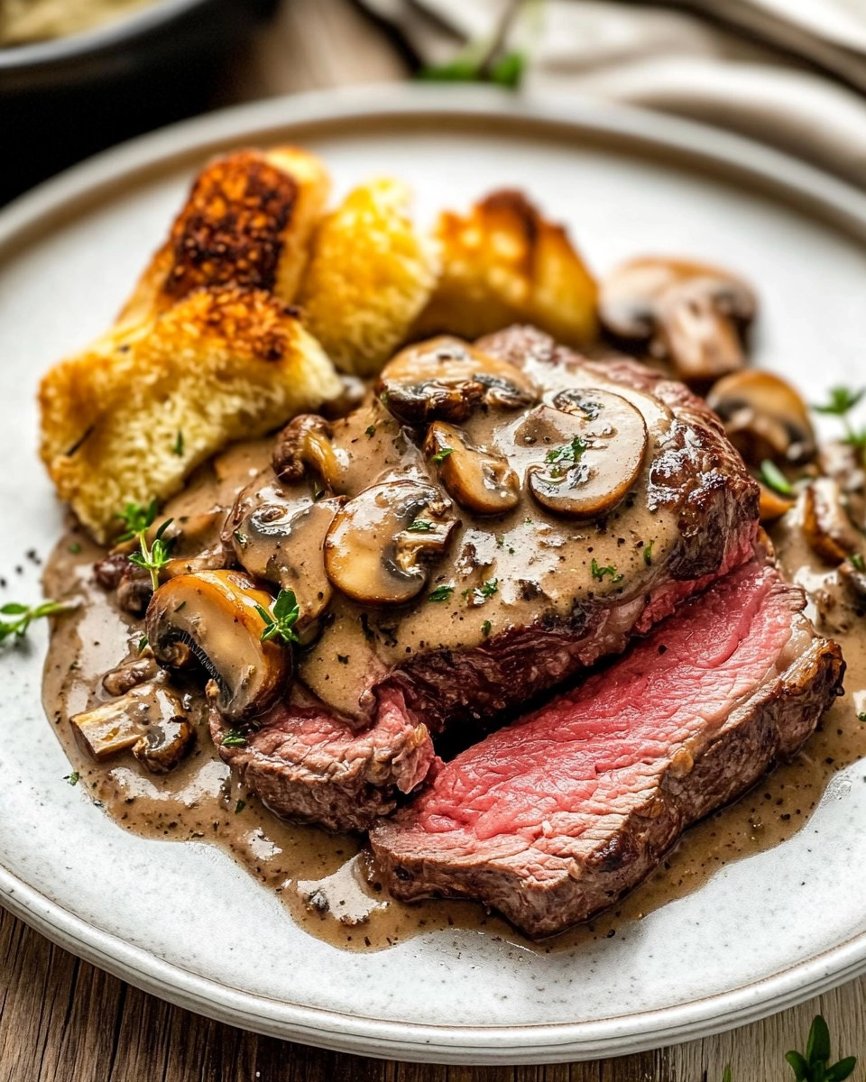 Pink Roasted Steak with Mushroom Sauce