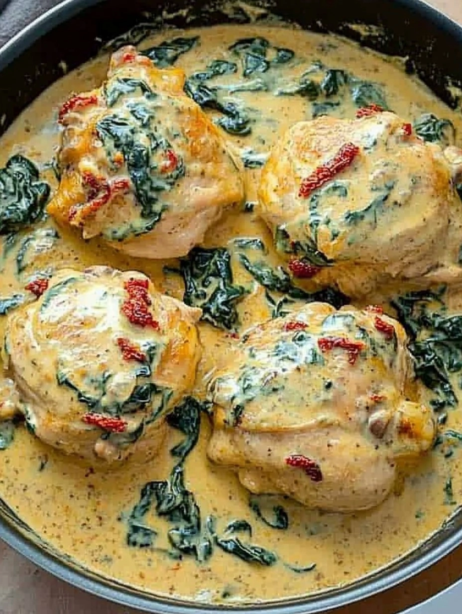 One-Pan Creamy Tuscan Chicken Thighs with Spinach & Sun-Dried Tomatoes