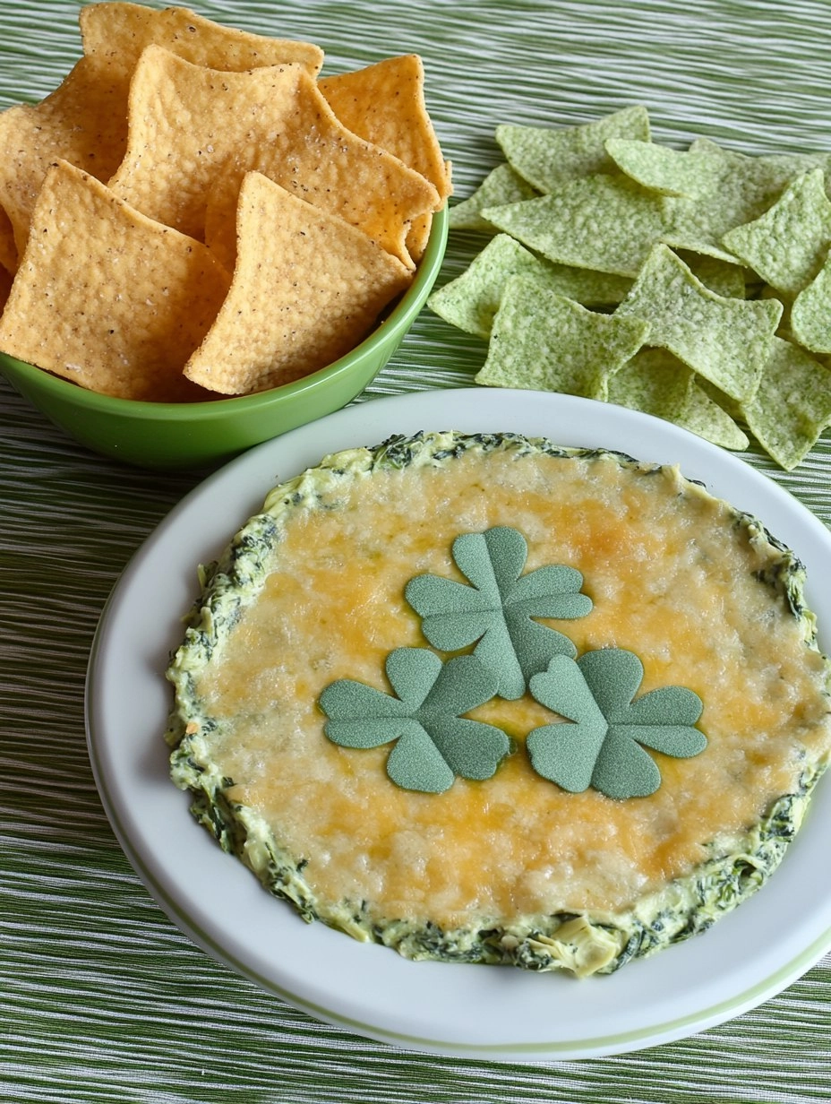 Shamrock Spinach Artichoke Dip with Green Tortilla Chips