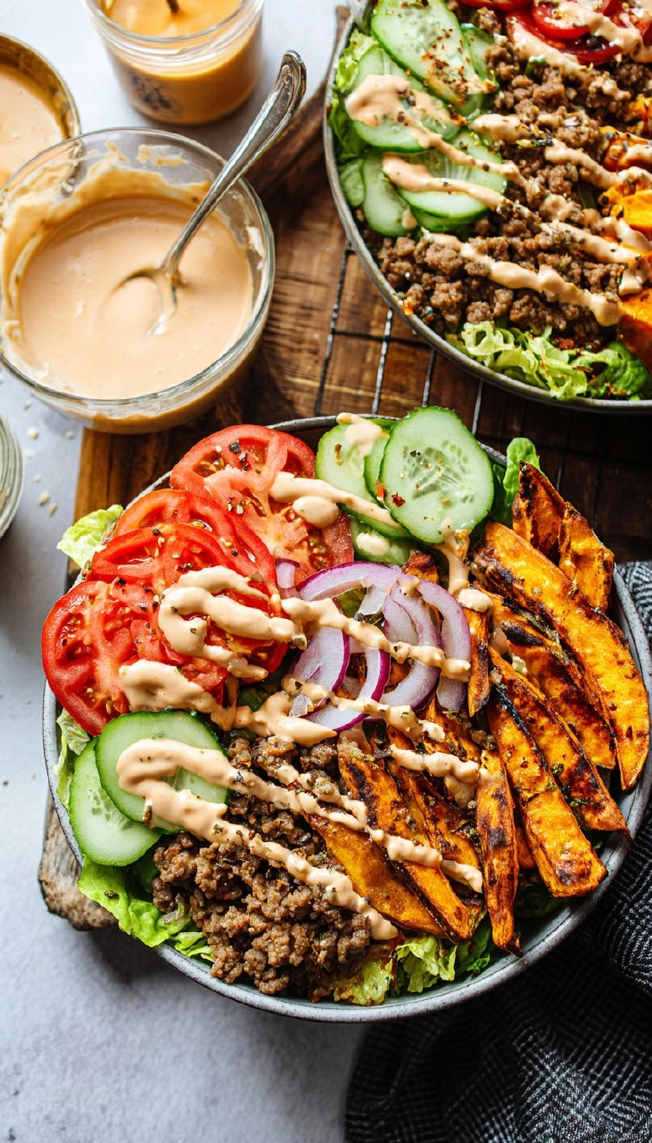 Burger Bowls with Chipotle Ranch Sweet Potato Fries
