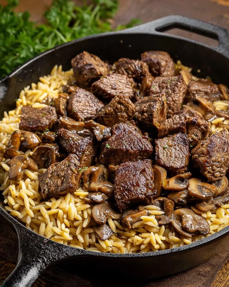 Steak-Bites-with-Creamy-Mushroom-Orzo-Recipe