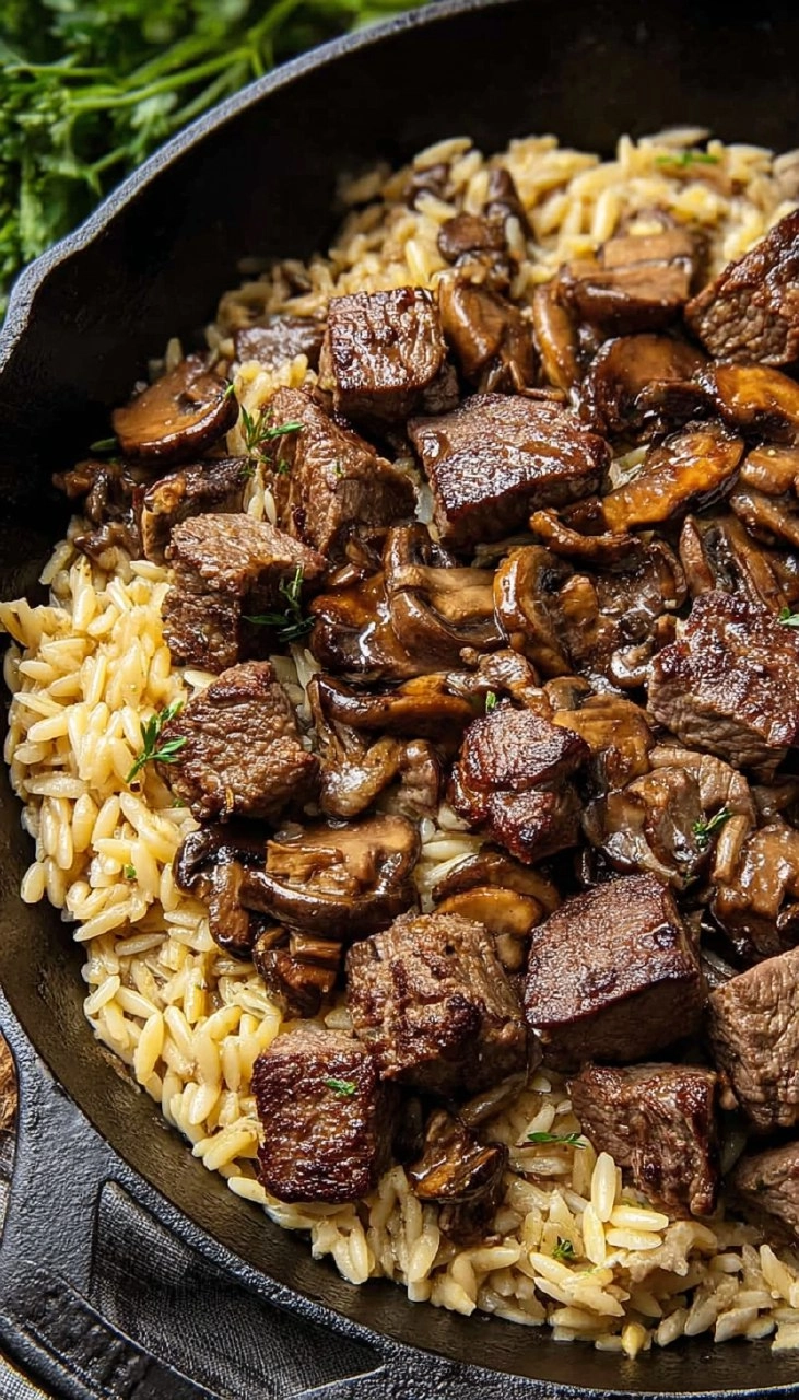 Steak Bites with Creamy Mushroom Orzo