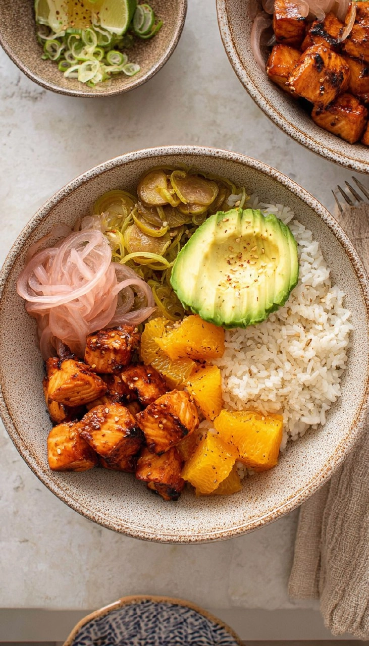 Sticky Orange Salmon Bowls.