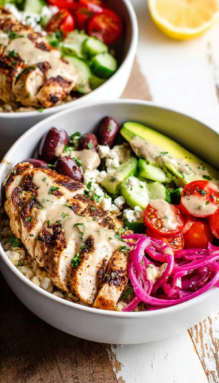 Greek Chicken Bowls with Lemon Garlic Tahini Sauce (Healthy Mediterranean Bowls)