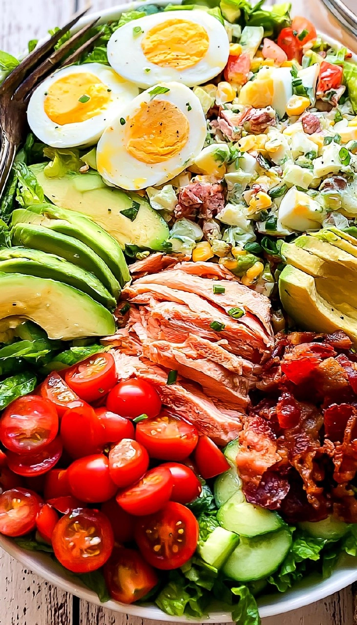 Salmon Cobb Salad with Avocado and Bacon (Whole30, Keto) 140 Salmon Cobb Salad with Avocado and Bacon (Whole30, Keto)