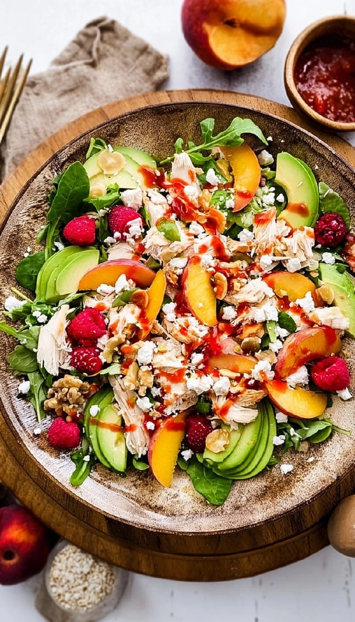 Chicken Salad with Peaches, Avocado & Fresh Raspberry Dressing 110 Chicken Salad with Peaches, Avocado & Fresh Raspberry Dressing