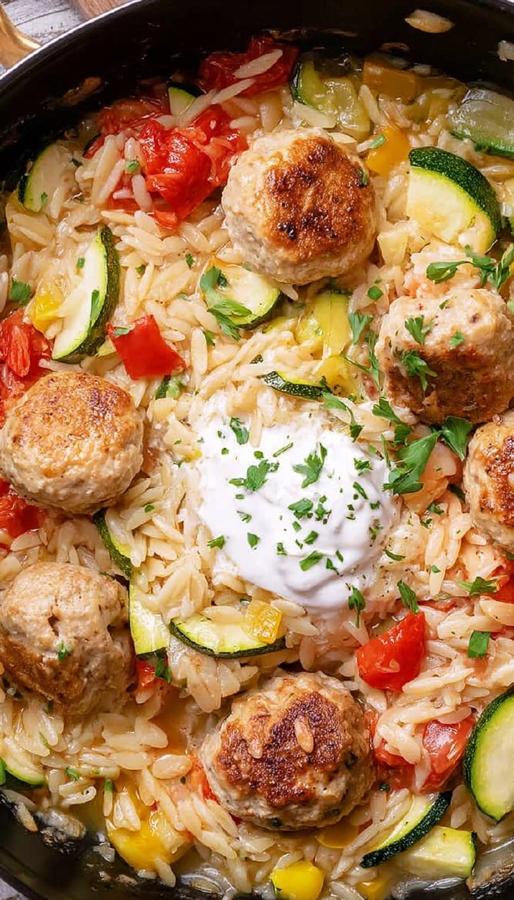 Summer Squash Orzo Skillet with Chicken Meatballs