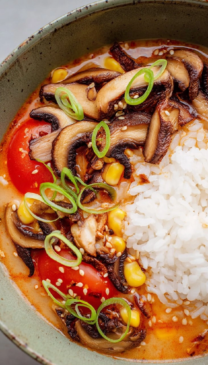 Tomato Miso Soup with Garlic Sesame Mushrooms